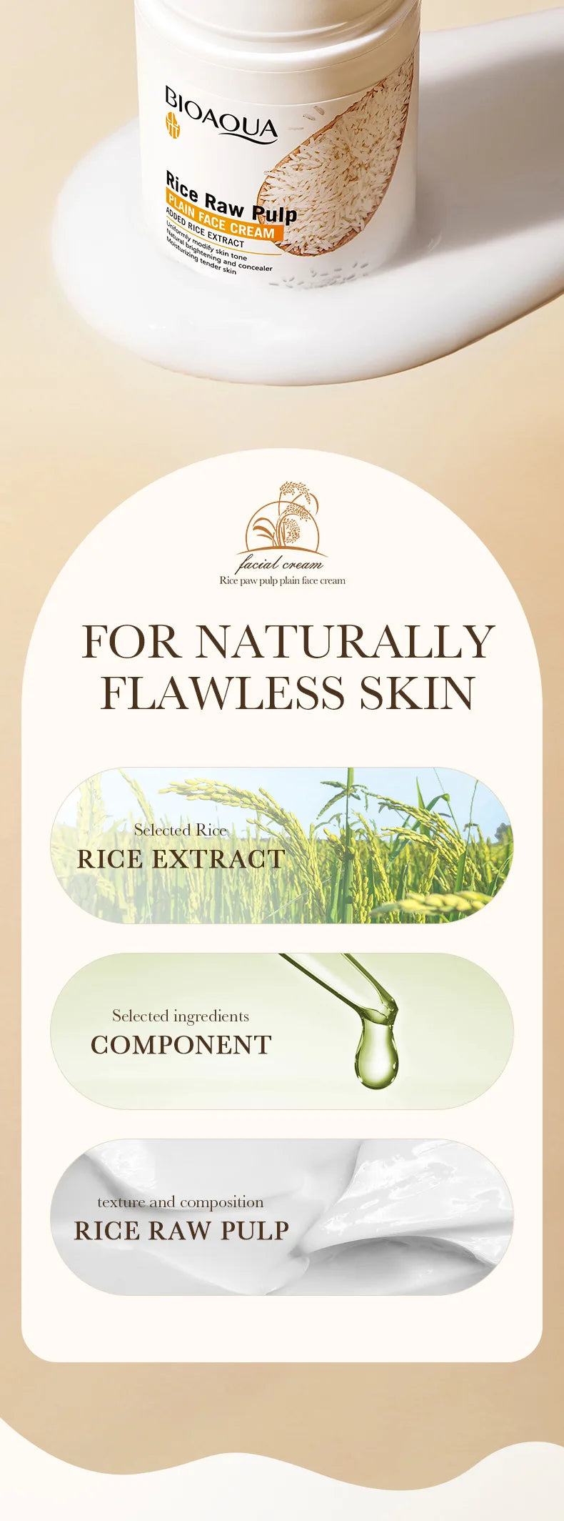 BIOAOUA Rice Raw Pure Non-Facial Cream Brightening and Rejuvenating Facial Brightening Cream