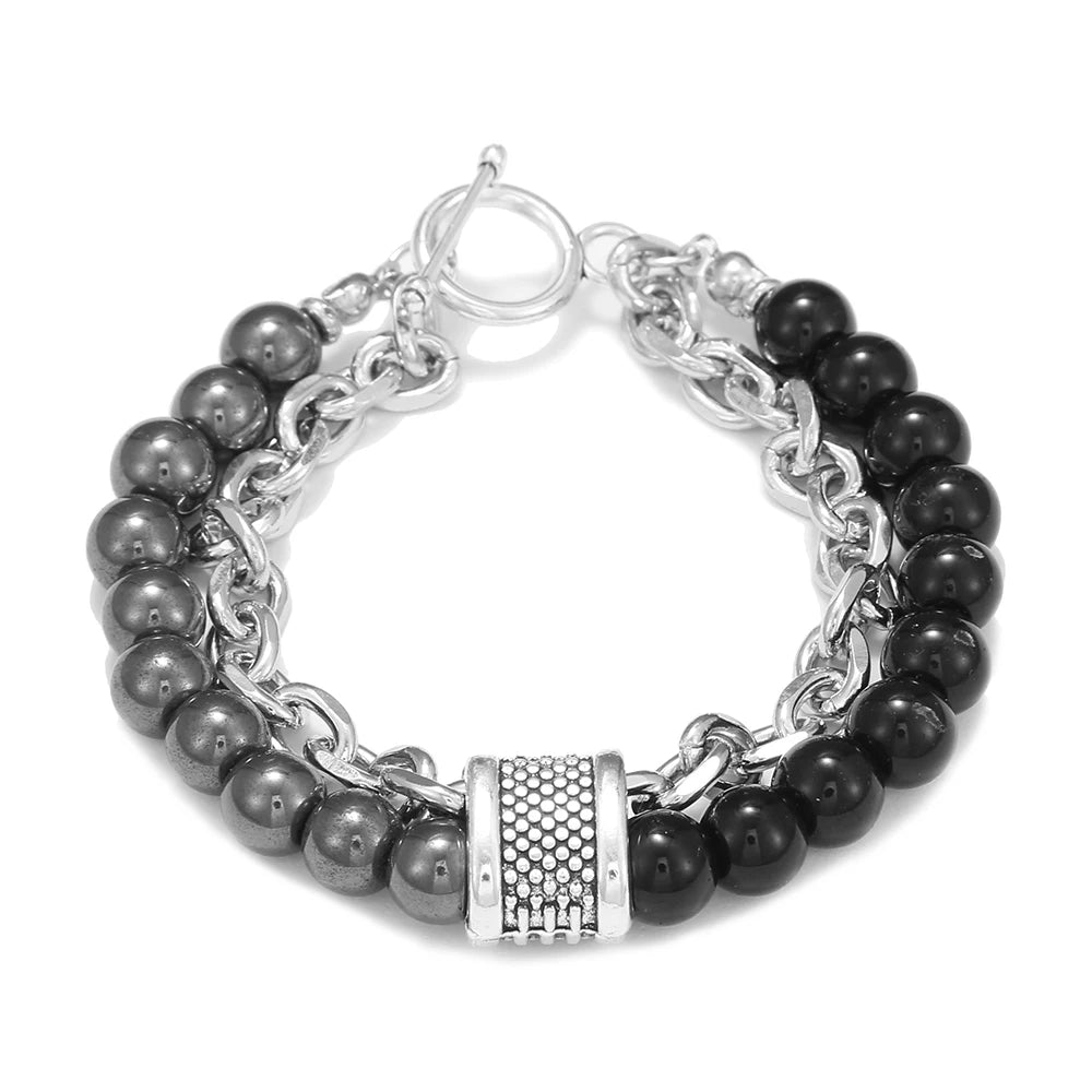 1 PCs Fashion Punk Frosted Stone Chain Geometric Double Layer Wear High Sense Trend All-Match Beaded Bracelet