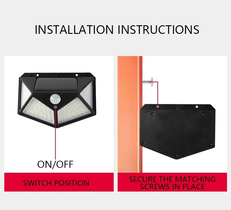 100 LED Solar Wall Lamp Waterproof Motion Sensor Outdoor Garden Lights