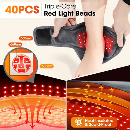 Red Light Ankle Brace 5 Heat Levels 3 Vibration Modes 40 LEDs Infrared Warmth Wrap 1800mAh Rechargeable Ankle Recovery Care