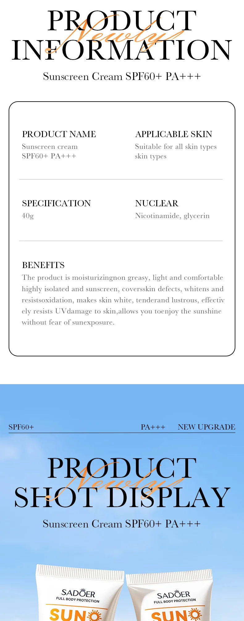 SAODER Spf 60+ Sunscreen For Face Body Sun Block Creams Sweat Proof Refreshing Non Greasy Solar Blocker Protector Sun Cream