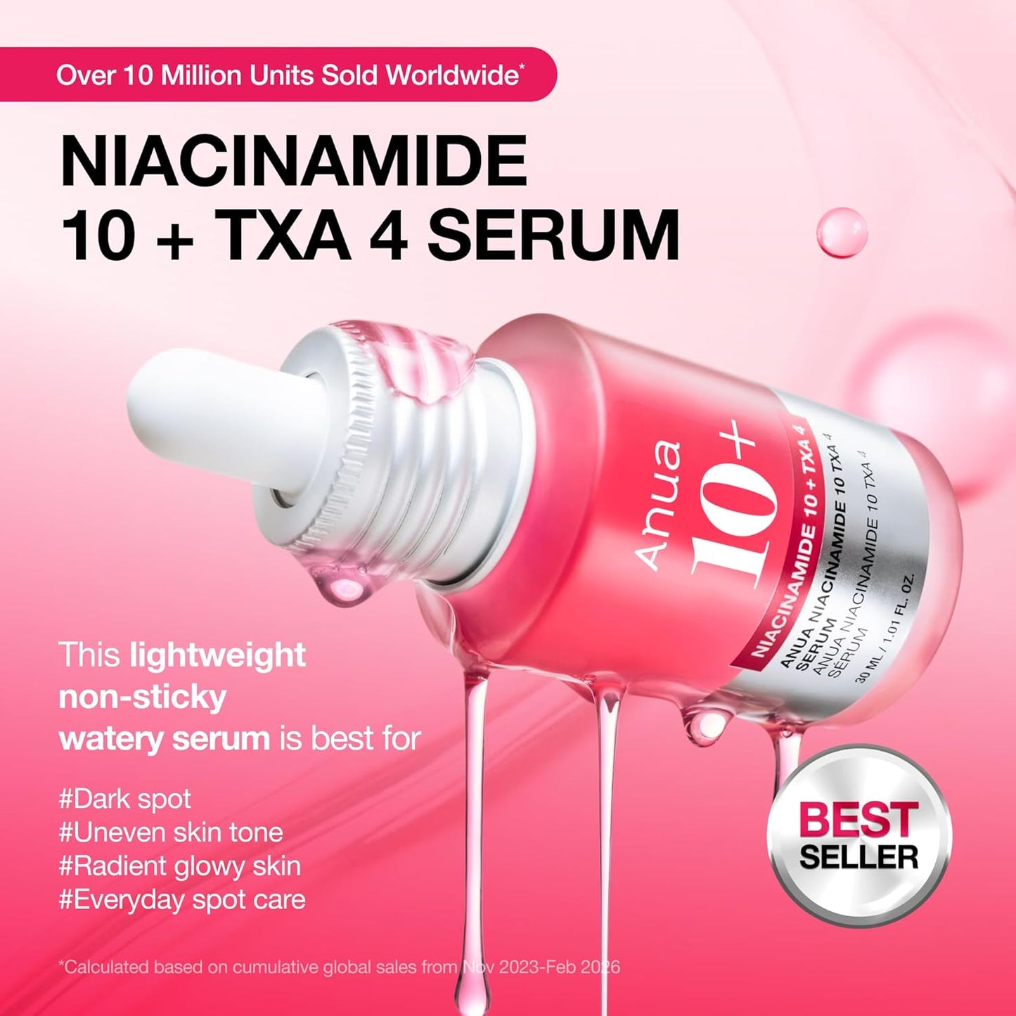 Anua Niacinamide 10 + TXA 4 Serum bottle with dropper on a pink background