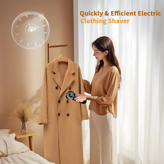 Woman using an electric clothing shaver to remove lint from a tan wool coat