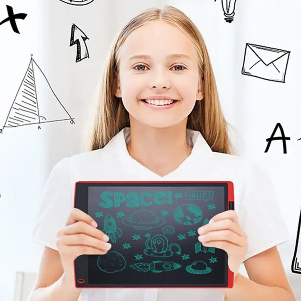 Smiling girl holding a red LCD writing tablet with space-themed doodles.